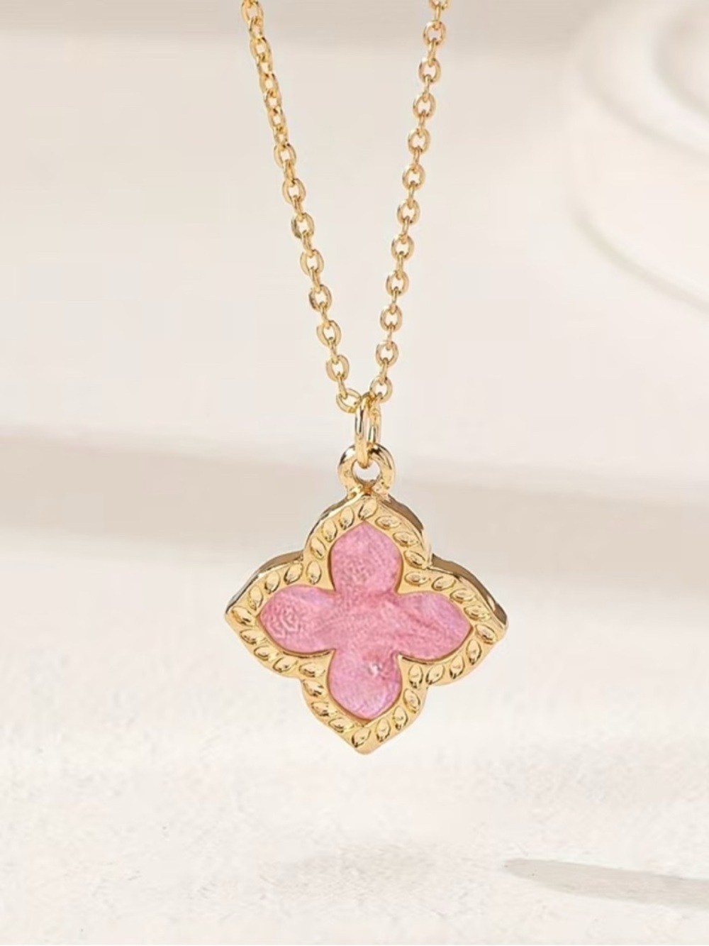 Pink Clover Pendant Gold Necklace